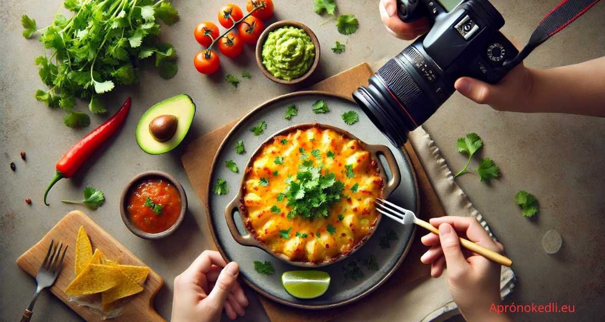 A képen egy ételfotó készítése közben látható jelenet. A középpontban egy tányér Mexikói rakott krumpli található, amelyet valaki éppen villával kezd el kóstolni. Az ételt friss korianderlevelek díszítik. A tányér körül számos friss alapanyag található: egy félbevágott avokádó, koktélparadicsomok, egy egész chili paprika, guacamole, salsa szósz, tortilla chips, lime szeletek és friss koriander. A háttérben egy személy látható, aki egy kamerával fotózza az ételt.