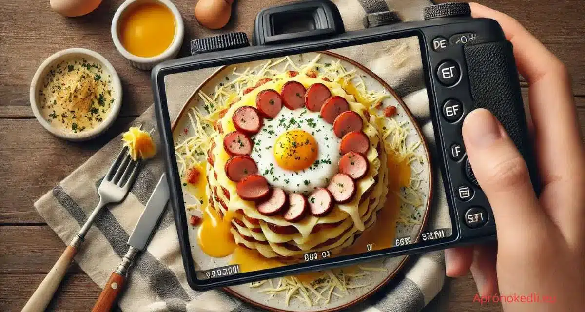 A képen egy kamera képernyőjén keresztül látható egy kész étel. Az étel rakott krumpli, a tetején sült tojással és kolbászkarikákkal. A rakott krumpli körül különféle hozzávalók és fűszerek láthatók: tojás, reszelt sajt, és apróra vágott zöldfűszerek. A kamera mögött egy kéz tartja a fényképezőgépet, és a kép egy étkező asztalon készült.