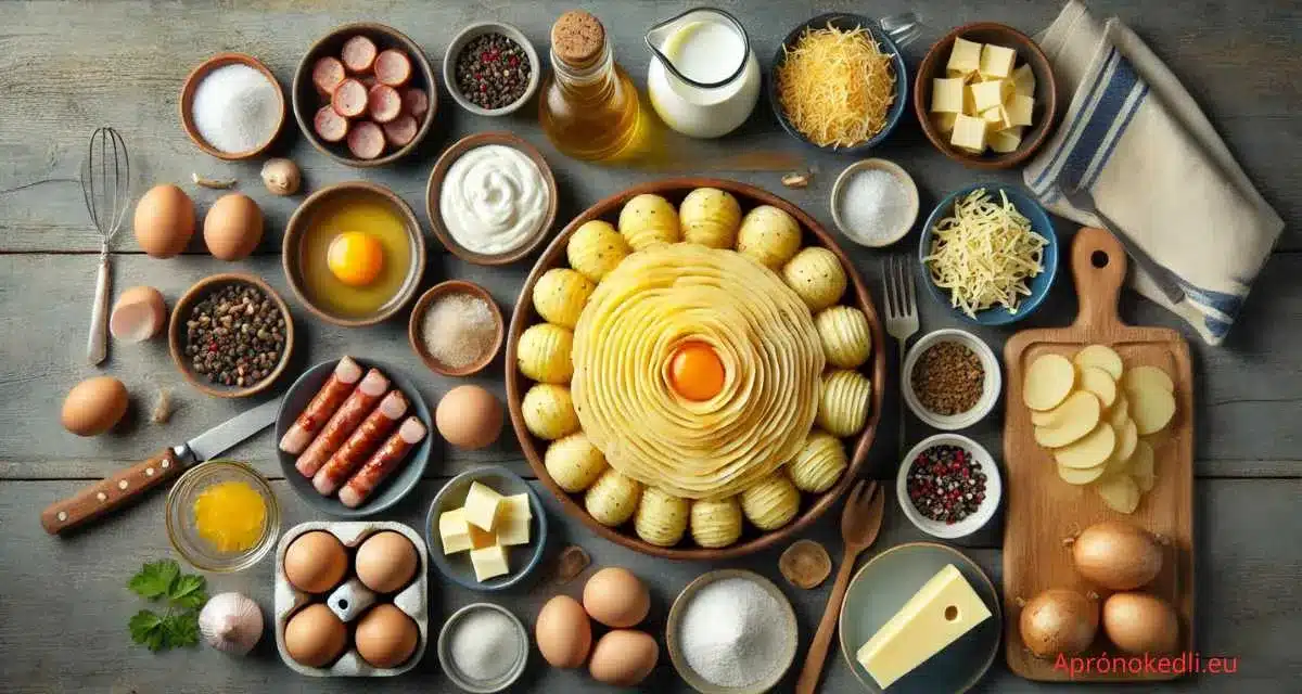 Ez a kép egy szépen elrendezett konyhai előkészületeket mutat be, amelyben a rakott krumpli készítéséhez szükséges alapanyagok láthatóak. A középpontban egy nagy tál krumpli áll, amelyeket gondosan karikára vágtak és középen egy egész tojás helyezkedik el. Körülötte különféle hozzávalók találhatóak kis tálkákban: tojások, kolbász, sajt, vaj, tejszín, fűszerek (só, bors), hagyma és olaj. A hozzávalók rendezett elhelyezése segíti a főzés előkészületeit, és egyértelműen jelzi, hogy mi szükséges a rakott krumpli elkészítéséhez.